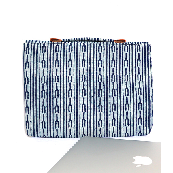 Kirgiti's Vegan Leather and Dabu Print Canvas Indigo Fork 'Unisex' Laptop Sleeve - 15" - image 2